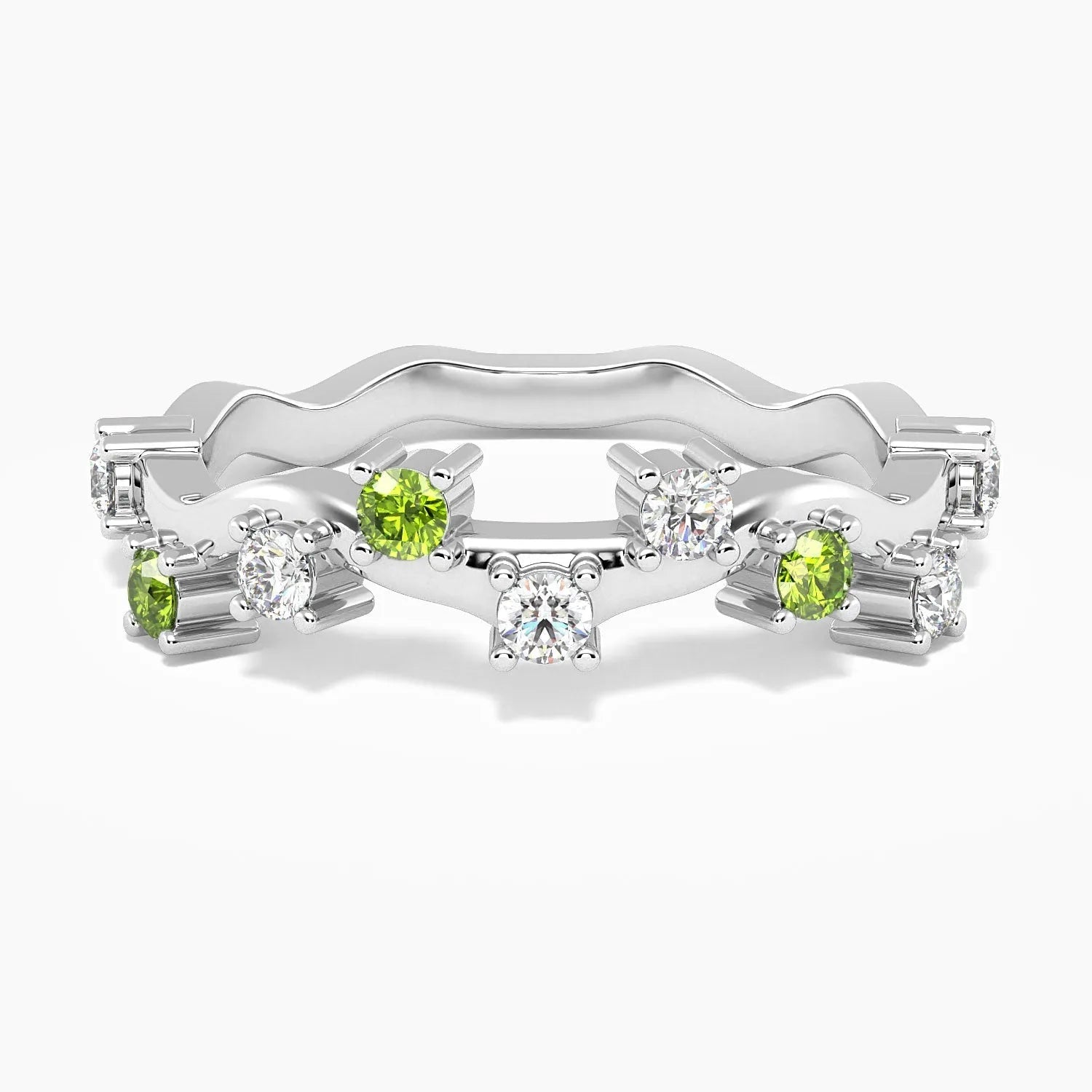 Sterling silver galaxy gleam design ring with natural green peridot and white zirconia accents.