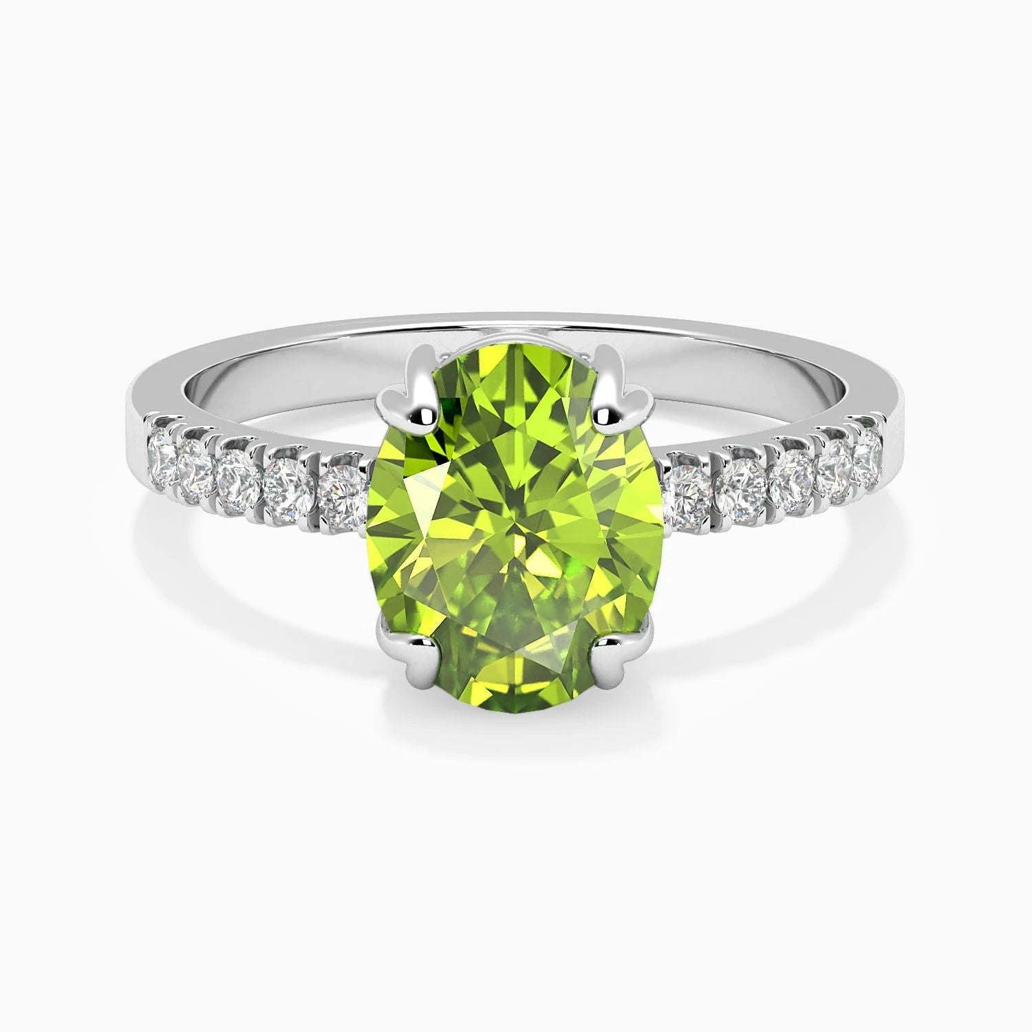 Oval-Cut Peridot Silver Ring with Halo Design in Sterling Silver