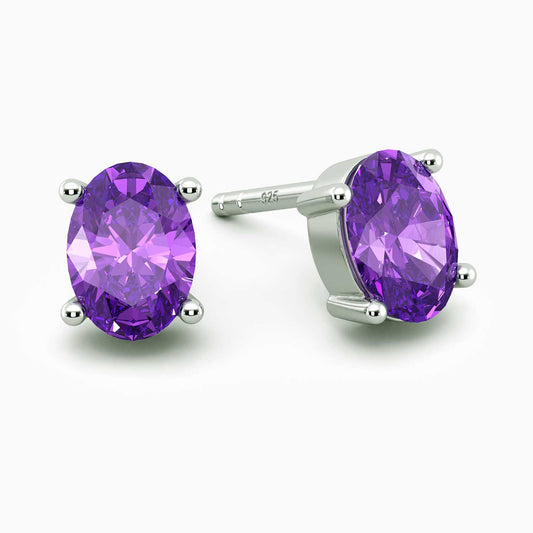 Natural Amethyst Oval Stud Earrings - 925 Sterling Silver