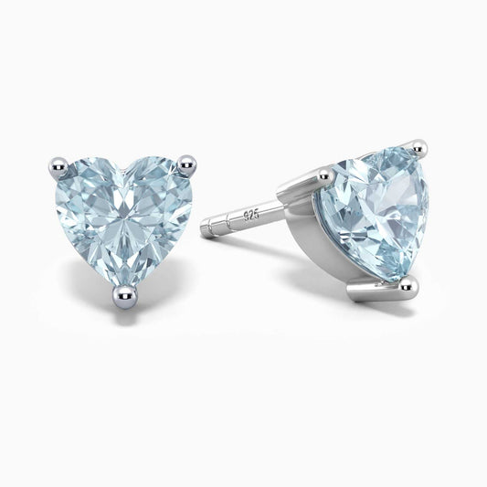 Heart Shape Stud Earrings in Sterling Silver -  Aquamarine