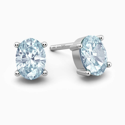 Aquamarine Oval Stud Earrings - 925 Sterling Silver