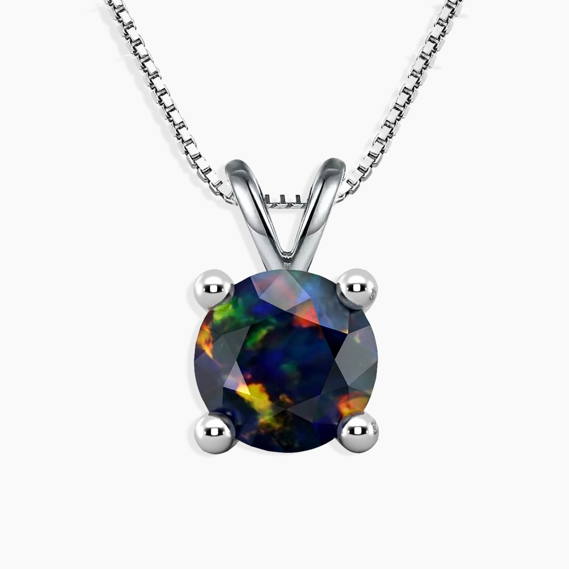 Black Opal Necklace in 925 Sterling Silver by Irosk ® - Round-cut black opal pendant on a rhodium-plated box chain