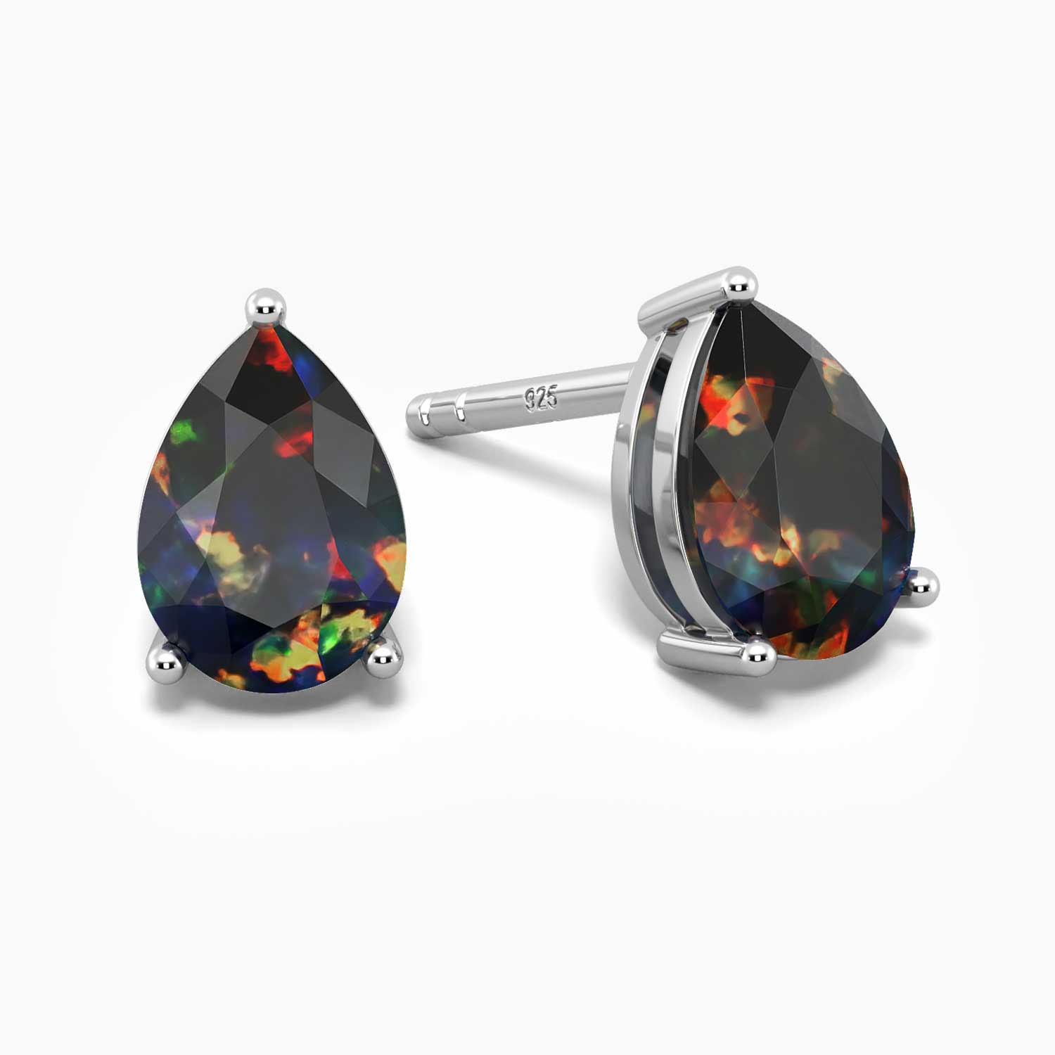 Pear Shape Black Opal Stud Earrings in Sterling Silver - Lab-grown black opals