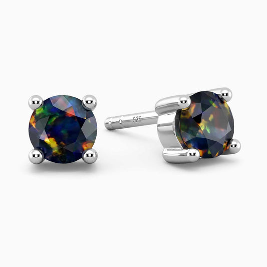 Round Black Opal Stud Earrings in Sterling Silver by Irosk