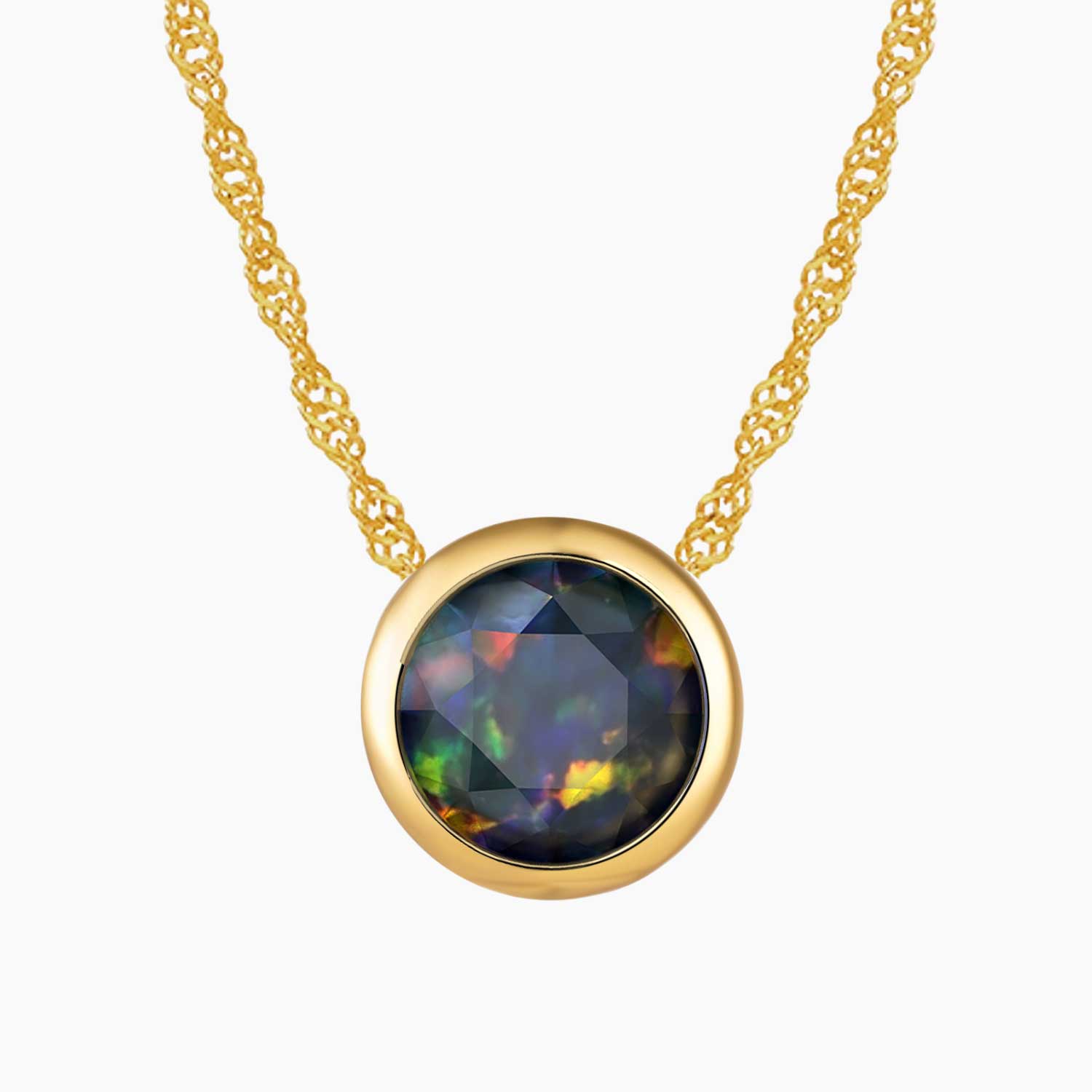 Bezel Set Black Round Opal Necklace in Gold by Irosk ® - Elegant fine jewelry featuring a round black opal pendant set in 18K real gold-plated silver