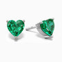 Sterling silver heart-shaped emerald stud earrings displayed on a white background.