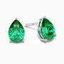 Sterling silver stud earrings featuring pear-cut emeralds on a white background.