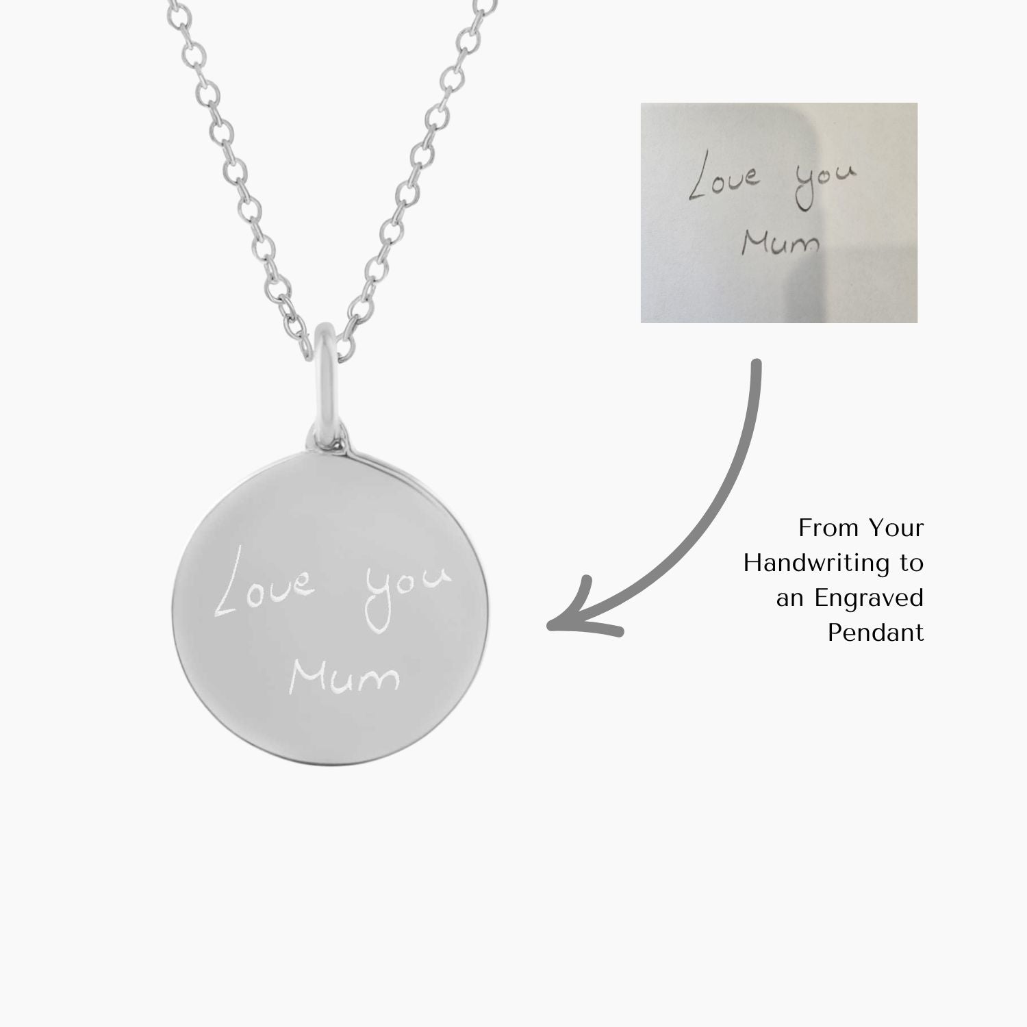 photo showing how handwritten text can be transformed in the form of text in pendant