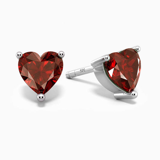 Heart Shape Stud Earrings in Sterling Silver -  Garnet