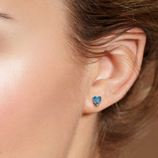 Heart Shape Stud Earrings in Sterling Silver -  London Blue Topaz