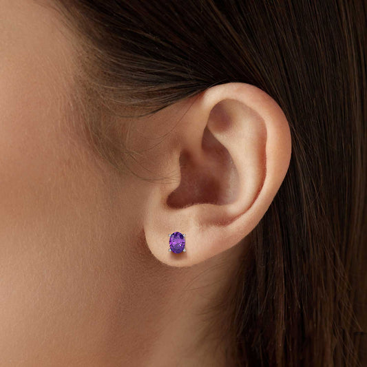 Natural Amethyst Oval Stud Earrings - 925 Sterling Silver