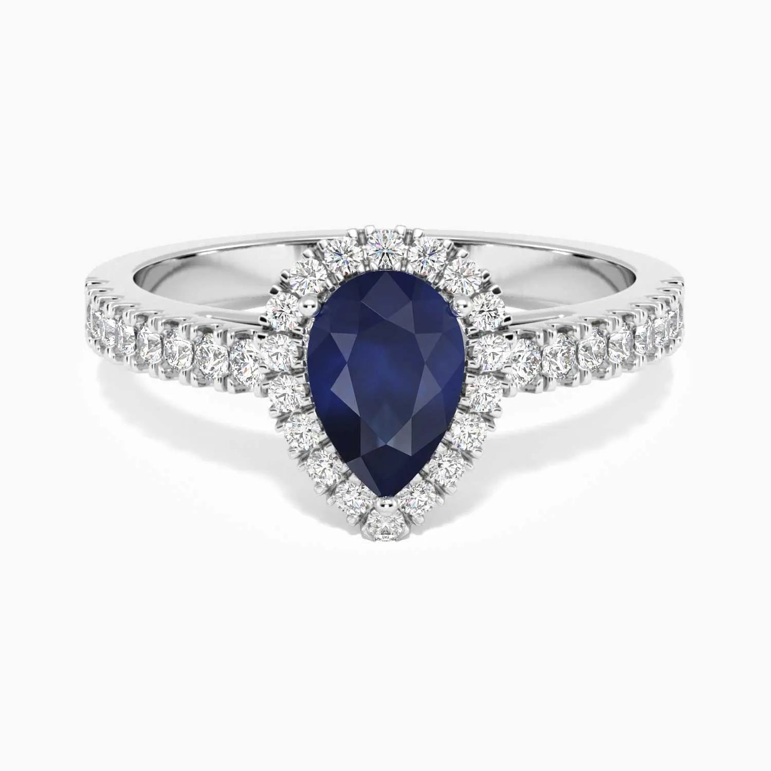 Pear shape blue sapphire halo ring in sterling silver