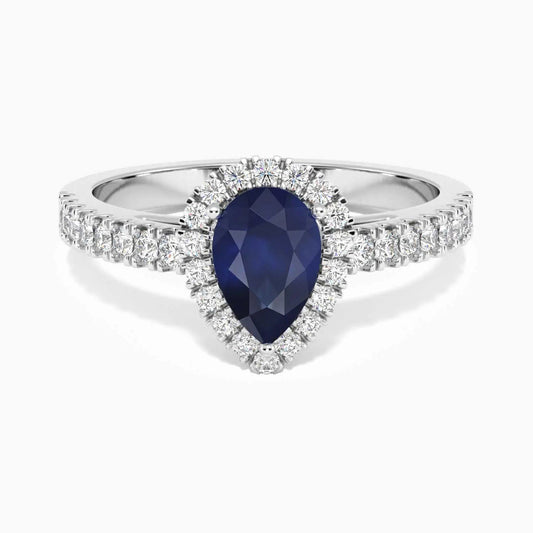 Pear shape blue sapphire halo ring in sterling silver