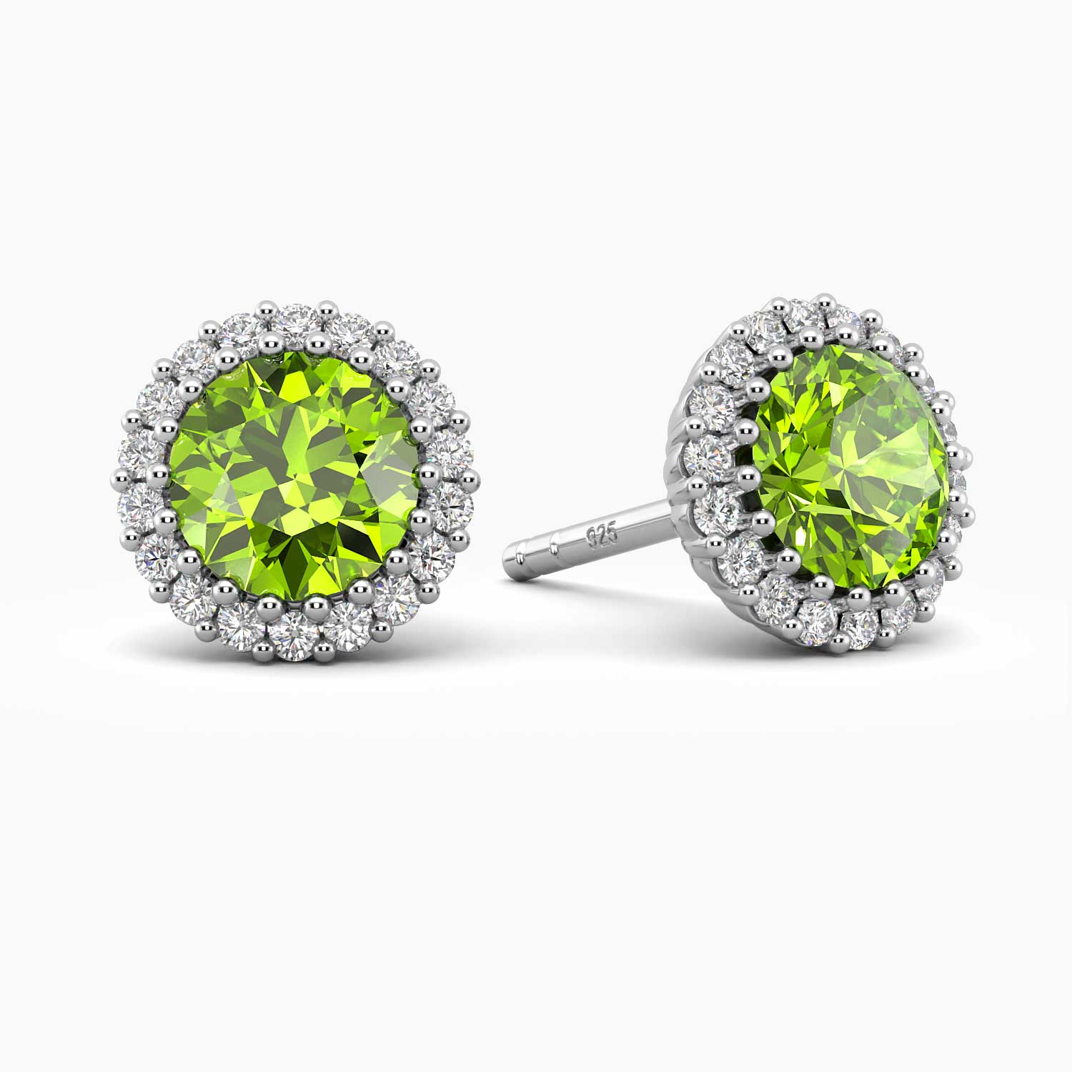 peridot stud earrings with halo in silver