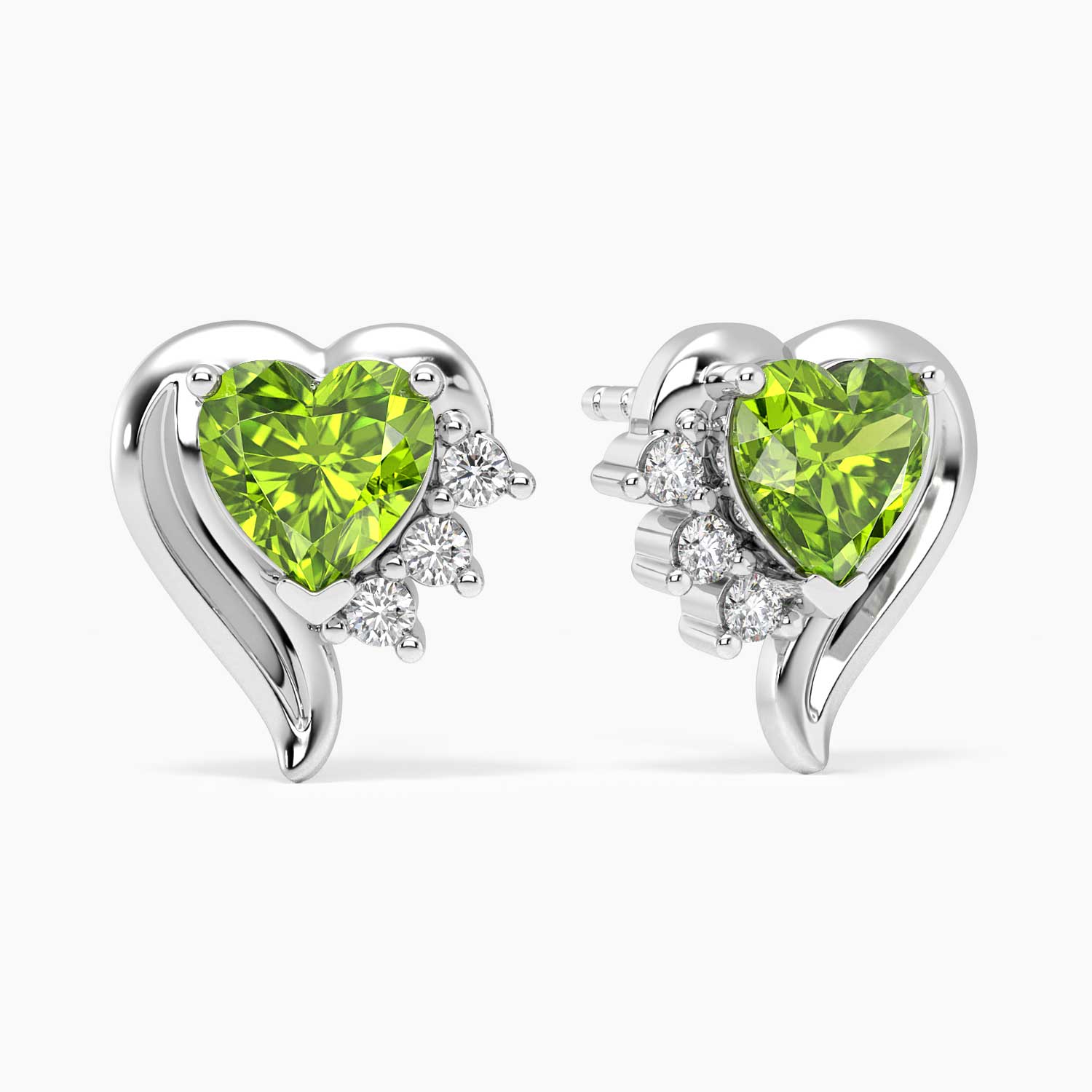 peridot angel heart earrings in silver