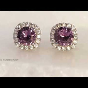 video of alexandrite halo studs under different lighting conditions