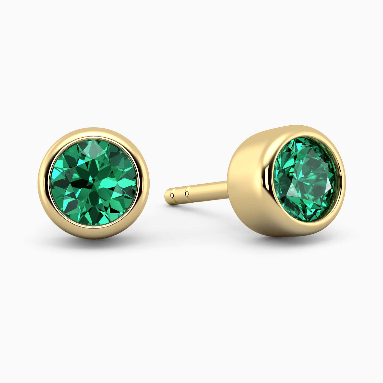 18K gold-plated sterling silver stud earrings with round-cut emeralds on a white background.