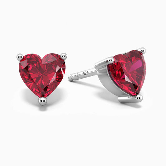 Heart Shape Stud Earrings in Sterling Silver -  Ruby