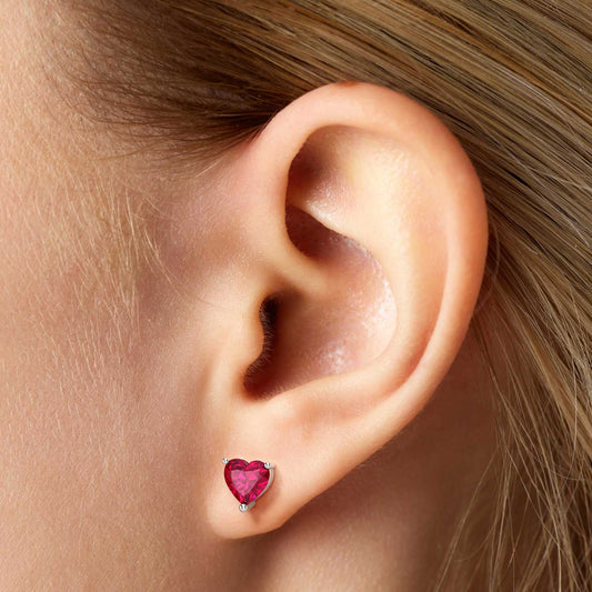 Heart Shape Stud Earrings in Sterling Silver -  Ruby