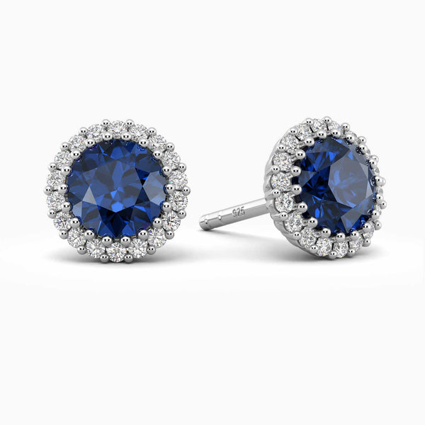 Sapphire and diamond simulant halo earrings in silver