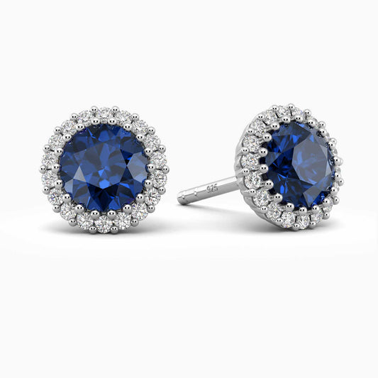 Sapphire and diamond simulant halo earrings in silver