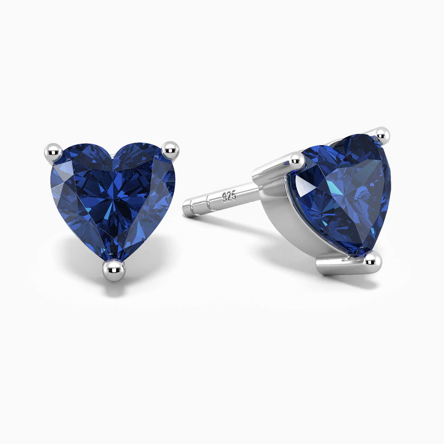 Blue Sapphire Heart Earrings in Rhodium-Plated Sterling Silver by Irosk