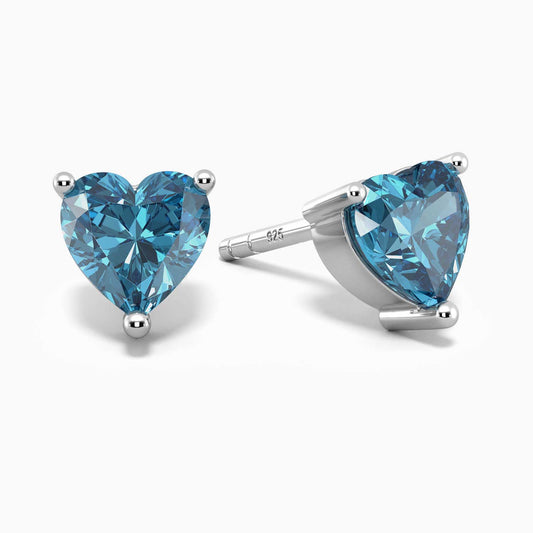 Heart Shape Stud Earrings in Sterling Silver -  London Blue Topaz